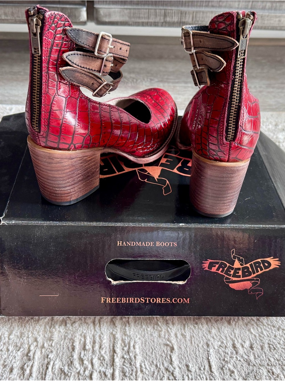 Freebird Red Croc-Embossed Leather Triple-Buckle Block Heel Pump